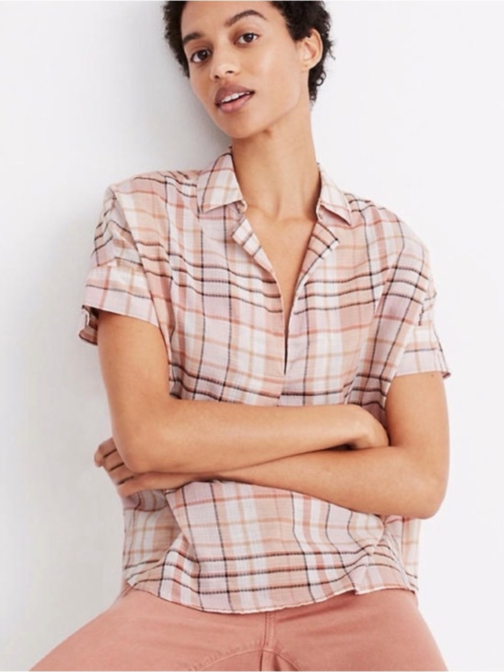 Madewell Park Popover V-Neck Shirt in Plaid Size XS